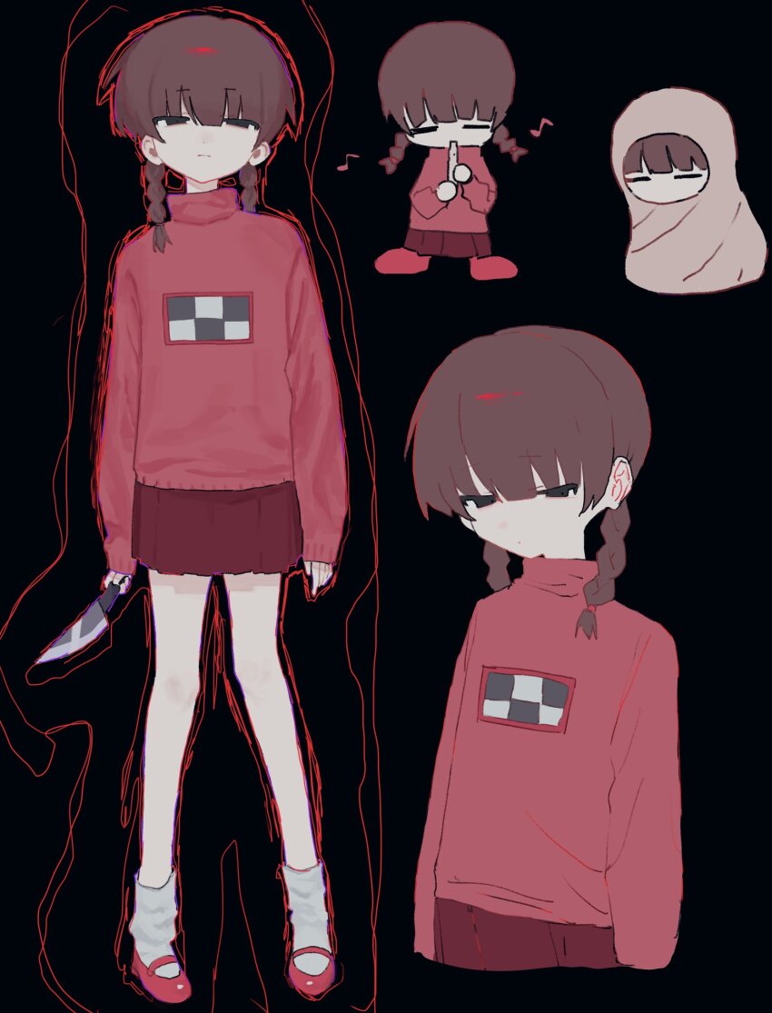 1girl, black_background, brown_hair, chibi, covering_with_blanket, expressionless, flute, highres