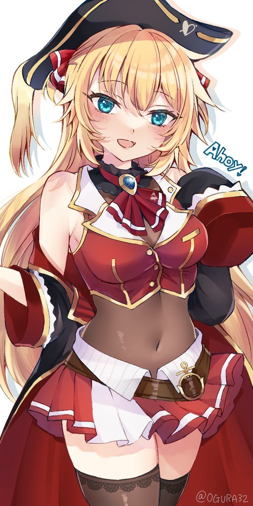 1girl, akai_haato, ascot, belt, black_choker, black_coat, black_hat, black_thighhighs, blonde_hair, blue_eyes, blush, breasts, brown_belt, choker, coat, cosplay, covered_navel, cropped_jacket, frilled_choker, frills, hair_ribbon, hat, hololive, houshou_marine, houshou_marine_(1st_costume), houshou_marine_(cosplay), jacket, large_breasts, leather_belt, leotard, leotard_under_clothes, long_hair, long_sleeves, looking_at_viewer, miniskirt, ogura32, open_mouth, pirate_hat, pleated_skirt, red_ascot, red_coat, red_jacket, red_ribbon, red_skirt, ribbon, skirt, sleeveless, sleeveless_jacket, sleeves_past_fingers, sleeves_past_wrists, smile, solo, thighhighs, two-sided_coat, two-sided_fabric, two_side_up, virtual_youtuber, white_background