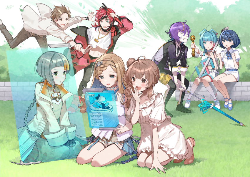 3boys, 5girls, :o, aisuu_(voisona), belt, black_coat, black_hair, black_jacket, black_pants, blonde_hair, blue_belt, blue_eyes, blue_hair, blue_hairband, blue_ribbon, blunt_bangs, blush, braid, braided_bangs, braided_ponytail, brown_hair, brown_pants, cevio, chain, cherico, chis-a, clenched_hands, closed_umbrella, coat, colored_inner_hair, commentary_request, day, detached_sleeves, dress, drumsticks, earrings, electric_fan, expressionless, fanning, floating_hair, foliage, frilled_dress, frills, frown, ganbaru_pose, gloom_(expression), gold_chain, grass, green_dress, green_eyes, grey_hair, hair_bun, hairband, hand_fan, hand_to_own_mouth, handheld_electric_fan, hands_on_own_thighs, hands_up, headphones, heavy, heterochromia, highres, holding, holding_another's_wrist, holding_drumsticks, holding_fan, holding_stylus, holding_umbrella, hologram, holographic_interface, jacket, jewelry, jumping, kirune_(voisona), kneehighs, kneeling, long_dress, long_hair, looking_at_another, looking_at_screen, midair, midriff, multicolored_hair, multiple_boys, multiple_girls, myk-iv, neck_ribbon, off_shoulder, official_art, on_ground, open_clothes, open_coat, open_mouth, orange_hair, outdoors, outstretched_arm, pale_skin, pants, parasol, parted_lips, pendant, pink_hair, puffy_short_sleeves, puffy_sleeves, purple_hair, reaching, red_coat, red_eyes, red_hair, ribbon, satou_sasara, second-party_source, seiza, short_hair, short_shorts, short_sleeves, shorts, side_ponytail, single_side_bun, sitting, sitting_on_wall, smile, socks, streaked_hair, stylus, suzuki_tsudumi, takahashi_amato, tanaka_san, three-quarter_sleeves, umbrella, v-shaped_eyebrows, voisona, wavy_hair, white_dress, white_jacket, white_shorts, white_sleeves, white_socks, wolf_cut, wristband, yokozuwari, ||/