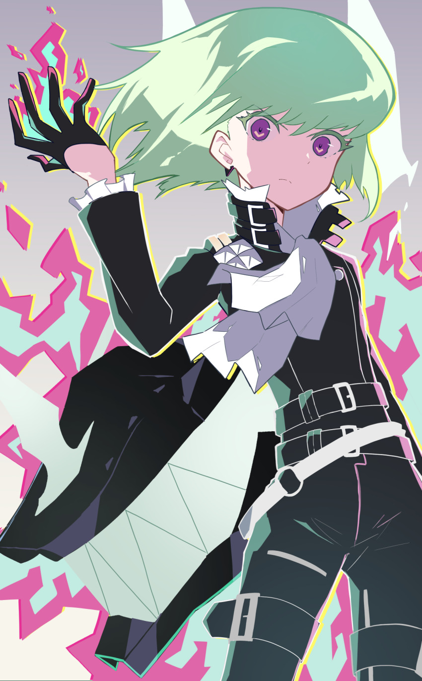 1boy, androgynous, ascot, belt, black_belt, black_coat, black_gloves, black_pants, closed_mouth, coat, colored_eyelashes, cowboy_shot, earrings, fire, flaming_hand, frown, gloves, green_hair, grey_background, half_gloves, high_collar, highres, jewelry, lio_fotia, looking_at_viewer, male_focus, mikoshiba_megu, multiple_belts, pants, promare, purple_eyes, purple_fire, pyrokinesis, short_hair, solo, thigh_belt, thigh_strap, trap, white_ascot