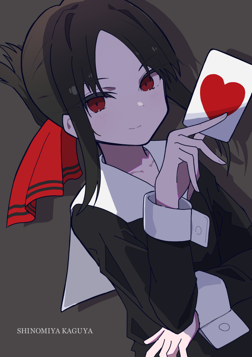 1girl, black_shirt, card, character_name, collarbone, commentary_request, dot_nose, drop_shadow