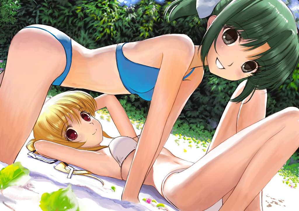 2girls, all_fours, armpits, bare_shoulders, bikini, black_eyes, blonde_hair, cynthia_marguerite, green_hair, lying, mocha, multiple_girls, red_eyes, swimsuit, tooyama_midori, yoake_mae_yori_ruri_iro_na