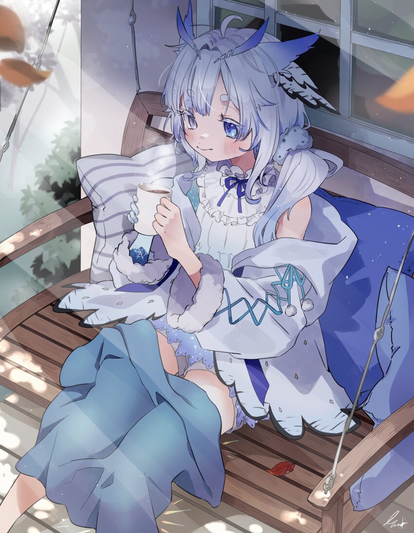 1girl, absurdres, blanket, commission, cup, feathers, heterochromia, highres, holding, holding_cup, indie_virtual_youtuber, jacket, messy_hair, mikazuki_silvi, owl_ears, owl_girl, pajamas, pillow, ribbon, sen_juge, side_ponytail, skeb_commission, solo, virtual_youtuber