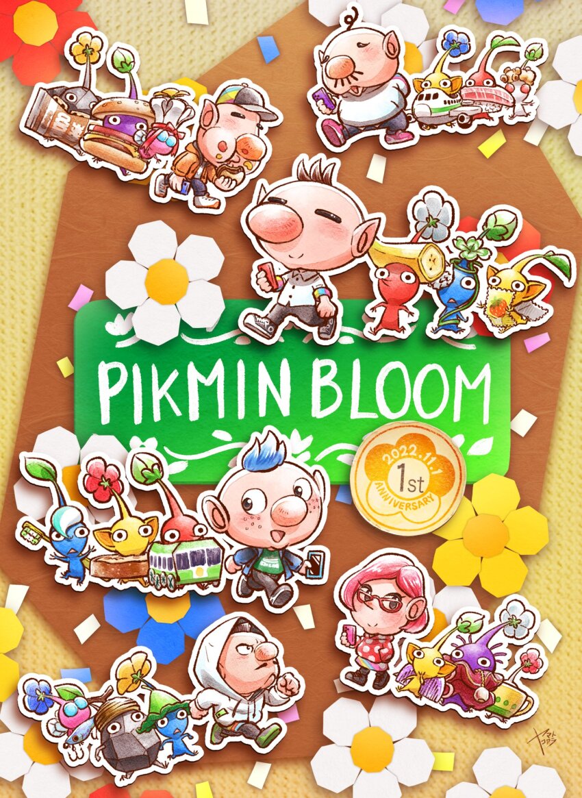 1girl, 5boys, acorn_hair_ornament, aircraft, airplane, airplane_costume, alien, alph_(pikmin)