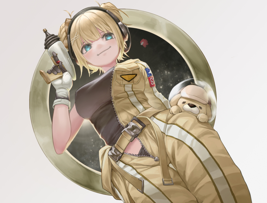 1girl, absurdres, among_us, astronaut, black_shirt, blonde_hair, bodysuit, breasts