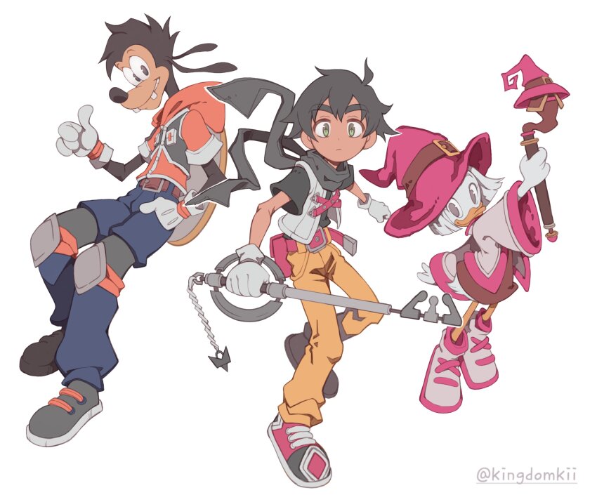 1girl, 2boys, absurdres, animal_ears, artist_name, black_hair, character_request, commentary, dark-skinned_male, dark_skin, dog_boy, dog_ears, duck_girl, ducktales, english_commentary, full_body, furry, furry_female, furry_male, goof_troop, green_eyes, hand_in_pocket, hat, highres, key, kii_(kingdomkii), kingdom_hearts, male_focus, max_goof, mickey_mouse_&amp;_friends, multiple_boys, pink_headwear, thumbs_up, wand, webby_vanderquack, white_background, white_hair, witch_hat