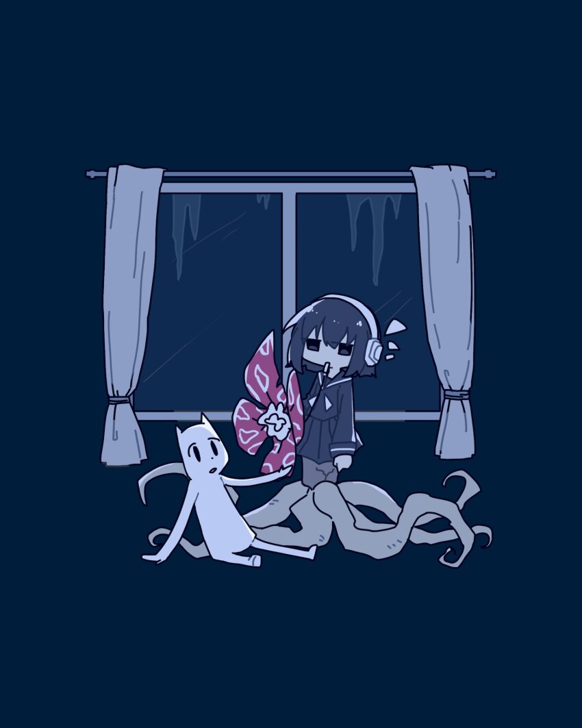 1girl, black_eyes, black_hair, black_serafuku, black_skirt, blue_background, commentary_request, creature, curtains, expressionless, flower, headphones, highres, icicle, jitome, kain_(uvvvuvum), kuuneru_engeizaa_(voiceroid), long_sleeves, looking_at_viewer, monster_girl, mouth_hold, neckerchief, nene_nene, plant_girl, plant_roots, pleated_skirt, rafflesia_(flower), school_uniform, serafuku, simple_background, sitting, skirt, sutopi-kun, utau, white_neckerchief, window, winter