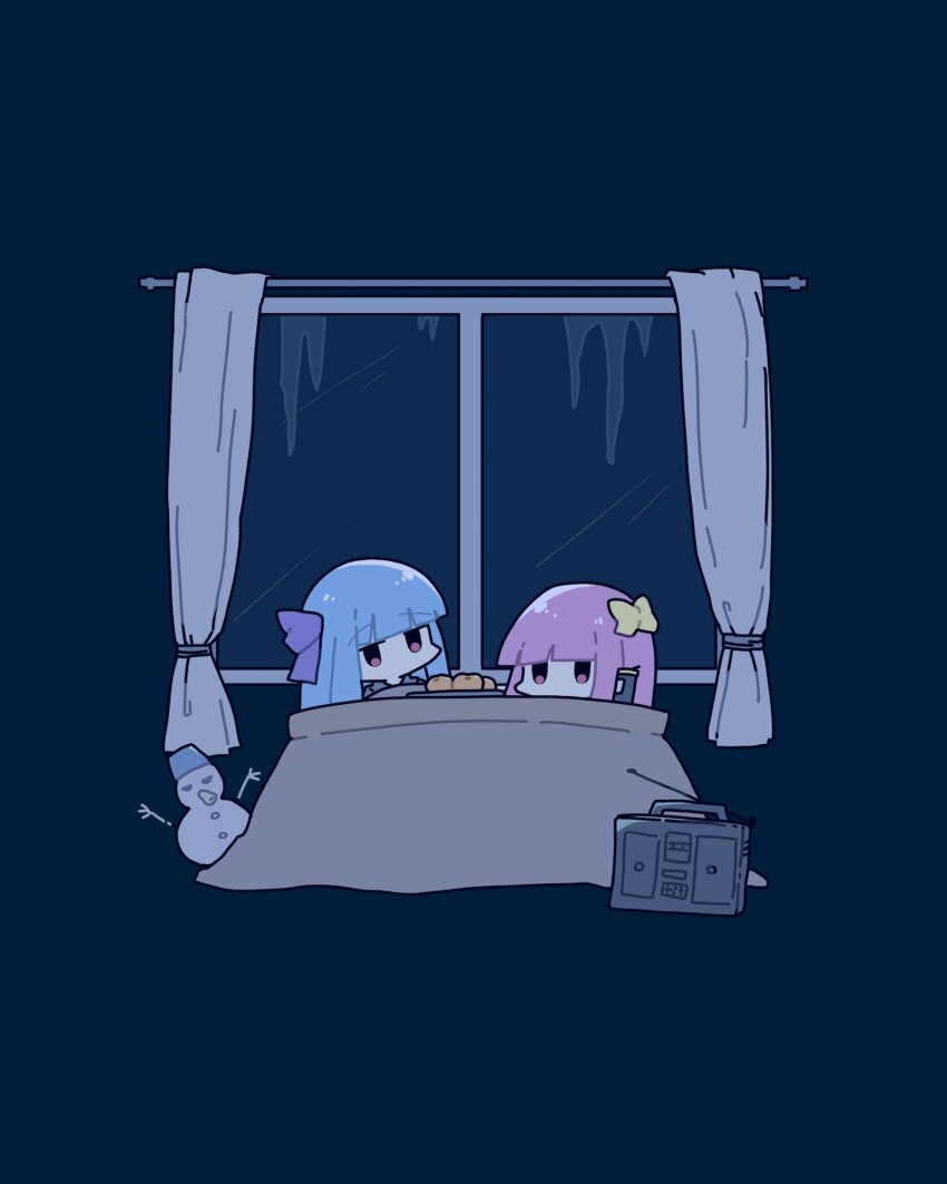 2girls, blue_background, blue_hair, bow, chibi, commentary, curtains, food, fruit, hair_bow, highres, icicle, jitome, kain_(uvvvuvum), kotatsu, kotonoha_akane, kotonoha_aoi, kuuneru_engeizaa_(voiceroid), long_hair, looking_at_viewer, mandarin_orange, multiple_girls, no_mouth, pink_hair, purple_bow, radio, raised_eyebrows, red_eyes, siblings, simple_background, sisters, snowman, table, under_kotatsu, under_table, voiceroid, wide_shot, window, winter, yellow_bow