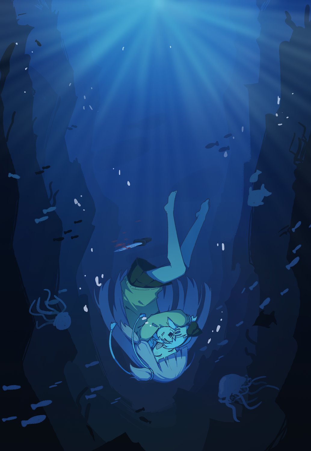 2girls, ^_^, air_bubble, barefoot, black_bow, black_skirt, blood, bloody_weapon, blue_theme, blunt_bangs, blush, borrowed_design, bow, bubble, chasm, chibi, closed_eyes, closed_mouth, commentary, crossover, floating_hair, hair_bow, head_only, highres, hug, jellyfish, kain_(uvvvuvum), knife, konpaku_youmu, kotonoha_akane, light_rays, long_hair, low-tied_sidelocks, multiple_girls, ocean, one_side_up, pleated_skirt, school_of_fish, sidelocks, sinking, skirt, smile, sunbeam, sunlight, sweater, touhou, underwater, upside-down, voiceroid, weapon, yellow_sweater, yukkuri_shiteitte_ne