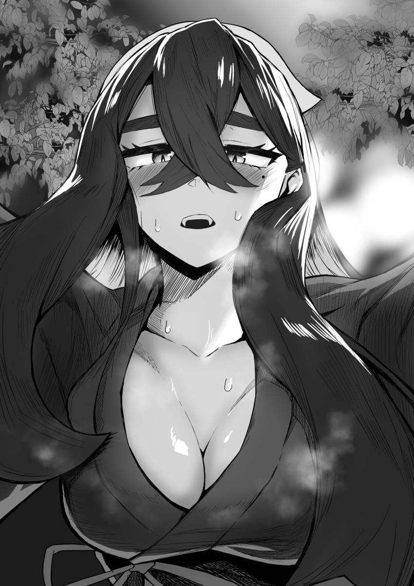1girl, absurdres, breasts, carmine_(pokemon), cleavage, collarbone, commentary_request, crossed_bangs, greyscale, hair_between_eyes, highres, ichikwa01, japanese_clothes, kimono, large_breasts, leaf, long_hair, looking_at_viewer, mole, mole_under_eye, monochrome, nintendo, no_bra, open_mouth, outstretched_arms, pokemon, pokemon_scarlet_and_violet, solo, sweat, teeth, upper_teeth_only, very_long_hair