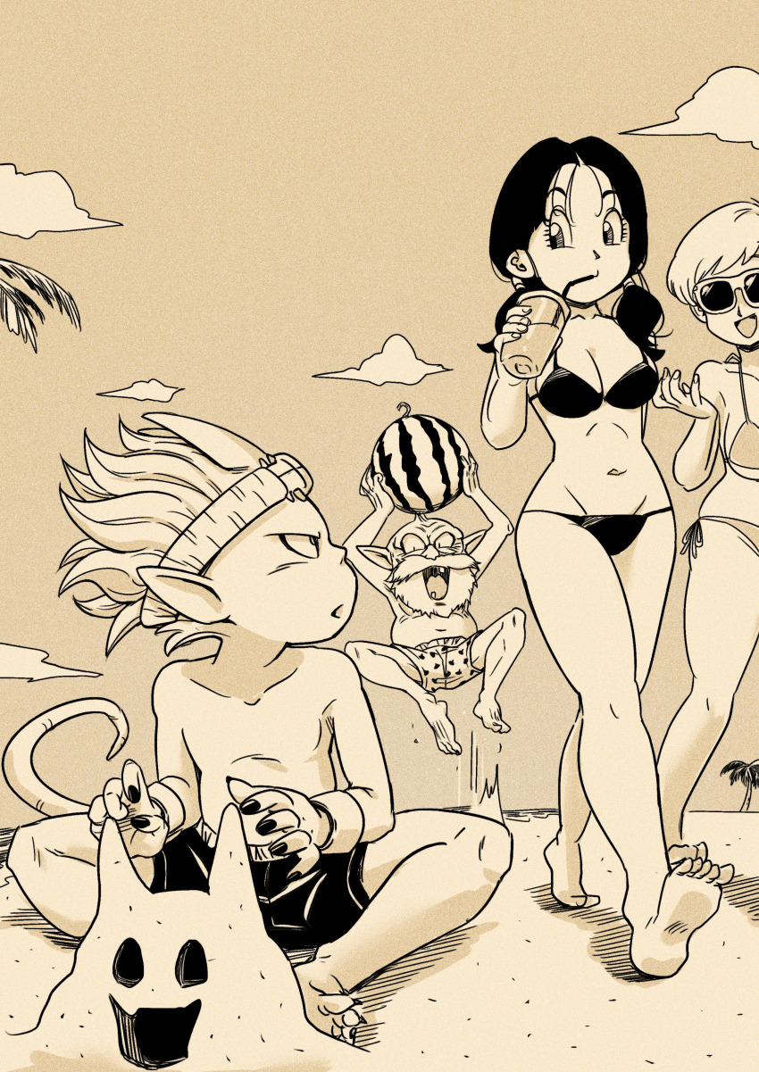 2boys, 2girls, absurdres, beard, beelzebub_(sand_land), bikini, breasts, building_sand_sculpture, cloud, creator_connection, crossover, cup, demon_boy, demon_tail, disposable_cup, dragon_ball, dragonball_z, drinking, drinking_straw, erasa_(dragon_ball), facial_hair, food, fruit, greyscale, groin, headband, highres, large_breasts, low_twintails, lowleg, lowleg_bikini, male_swimwear, medium_breasts, monochrome, multiple_boys, multiple_girls, navel, official_style, palm_tree, pointy_ears, sand_land, sand_sculpture, sepia, short_hair, side-tie_bikini_bottom, sunglasses, swim_trunks, swimsuit, tail, thief_(sand_land), toriyama_akira_(style), tree, twintails, videl, watermelon, yuichi_ishikawa