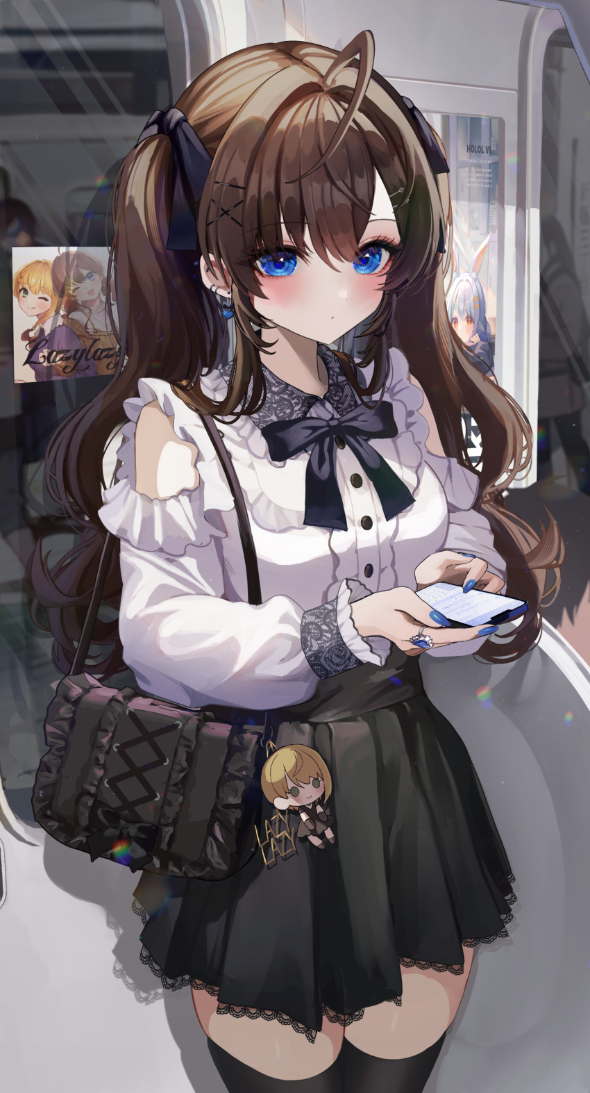 1girl, absurdres, ahoge, alternate_costume, black_skirt, black_thighhighs, blush, brown_hair, center_frills, character_doll, character_request, closed_mouth, clothing_cutout, doll, dot_mouth, fingernails, frilled_bag, frills, highres, holding, holding_phone, ichinose_shiki, idolmaster, idolmaster_cinderella_girls, jirai_kei, kudo_eru, looking_at_viewer, miyamoto_frederica, nail_polish, phone, shirt, shoulder_cutout, skirt, solo, thighhighs, train_interior, twintails, white_shirt