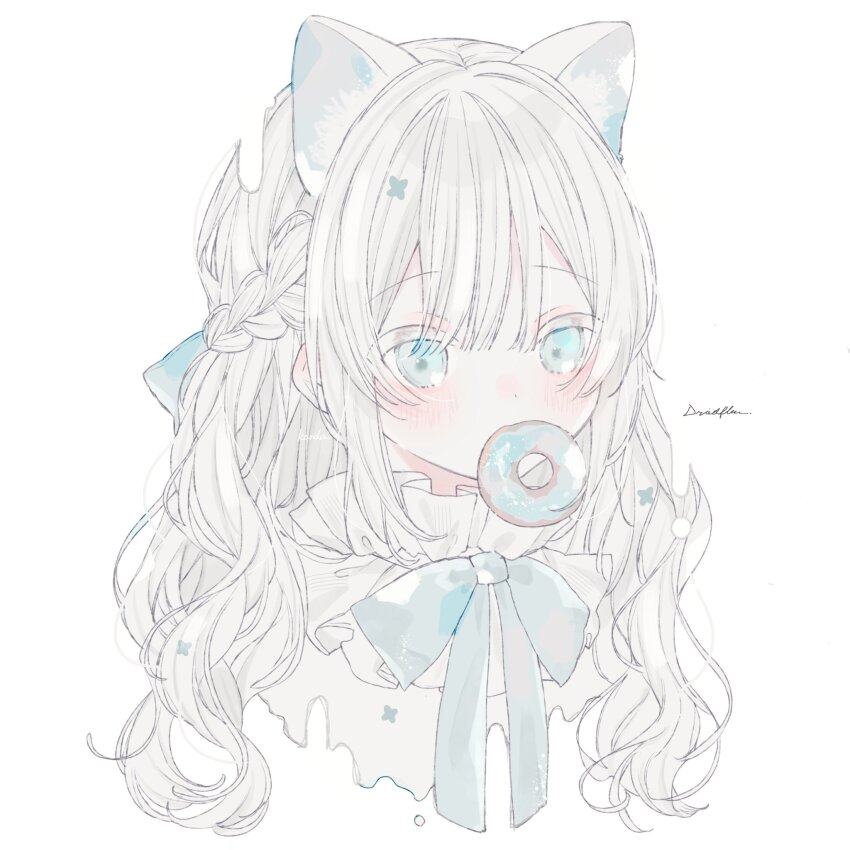 1girl, animal_ears, artist_name, blue_bow, blue_eyes, blush, bow, braid