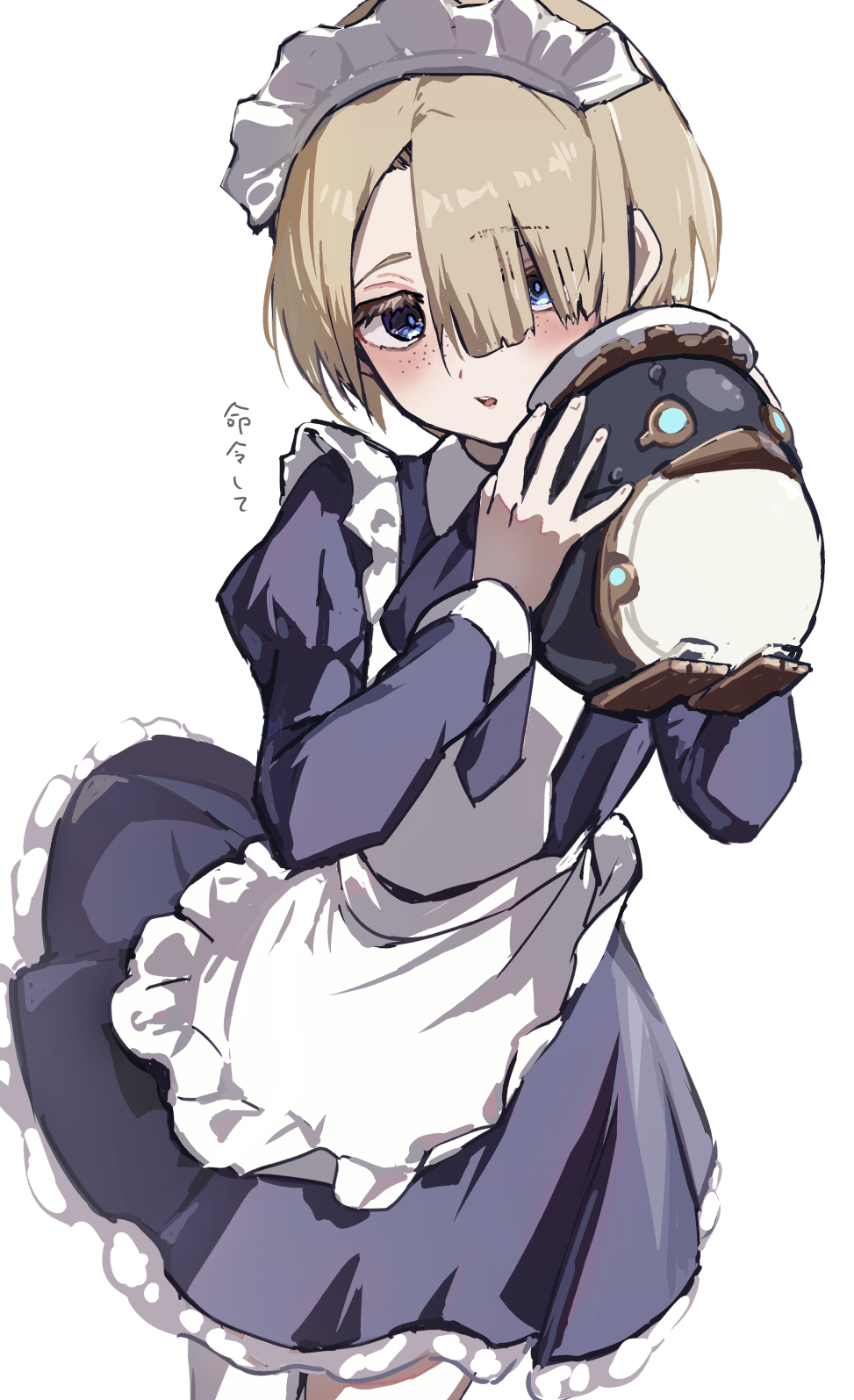 1boy, alternate_costume, apron, blue_eyes, blush, crossdressing, crossdressing_(mtf), dress