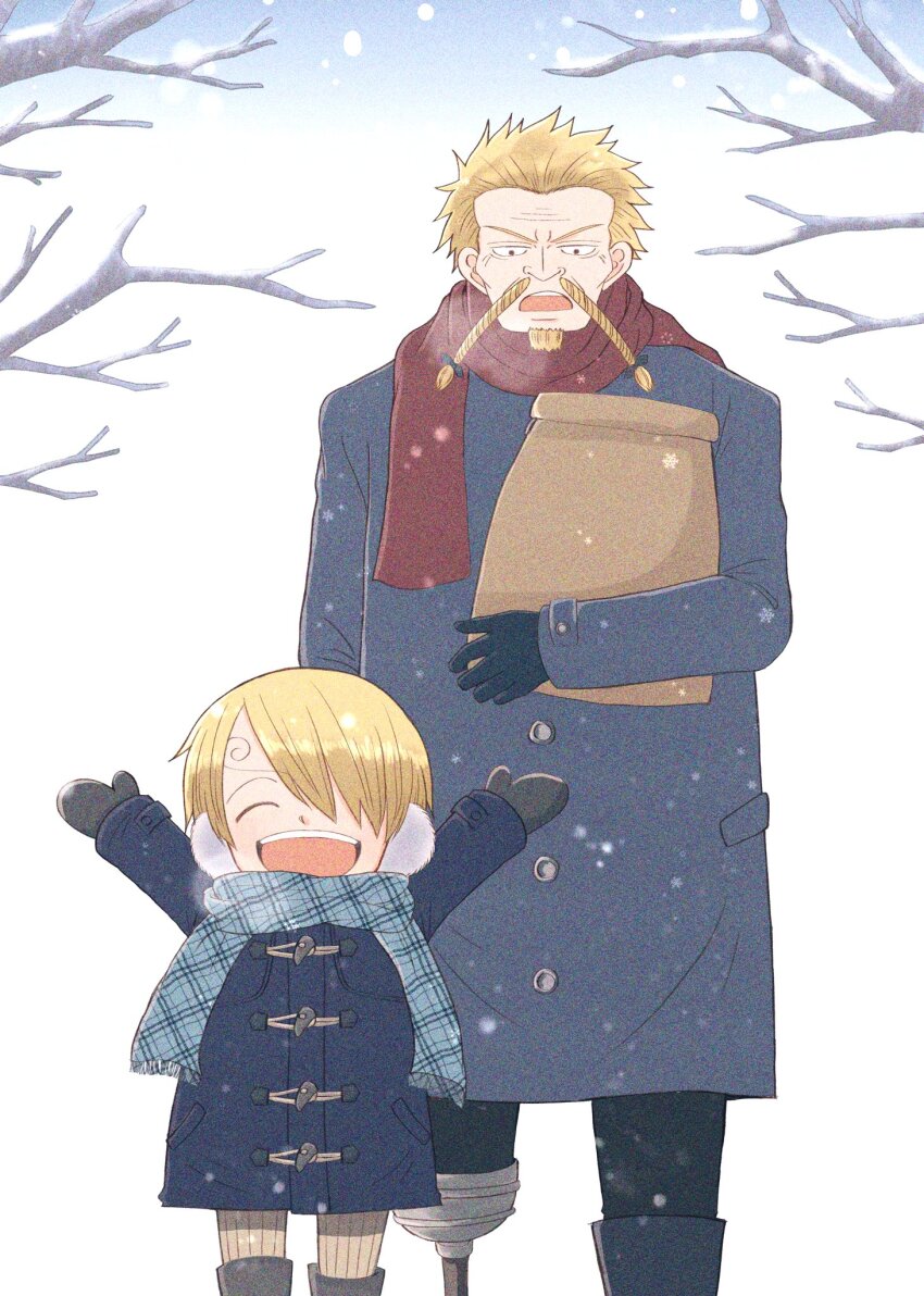 2boys, aged_down, alternate_costume, amputee, anago66, arms_up, bag, beard, black_gloves, blonde_hair, braid, braided_beard, child, closed_eyes, curly_eyebrows, day, facial_hair, father_and_child, father_and_son, gloves, grocery_bag, hair_over_one_eye, highres, holding, holding_bag, male_focus, multiple_boys, mustache, one_eye_covered, one_piece, open_mouth, outdoors, parent_and_child, peg_leg, prosthesis, prosthetic_leg, red-leg_zeff, red_scarf, sanji_(one_piece), scarf, shopping_bag, short_hair, smile, snow, standing, teeth