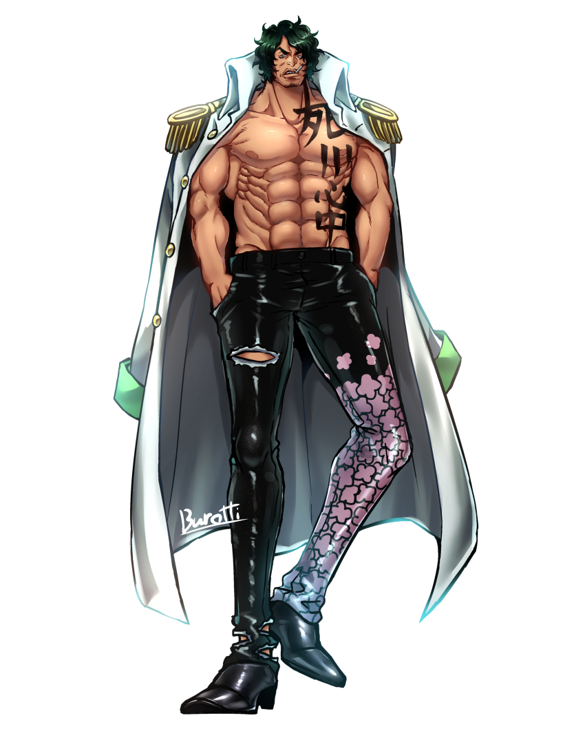 1boy, abs, absurdres, artist_name, body_writing, burotti, facial_hair, full_body, highres, large_pectorals, looking_at_viewer, manly, military, military_uniform, muscular, nature, one_piece, pants, pectorals, print_pants, ryokugyu_(one_piece), serious, short_hair, simple_background, smoking, standing