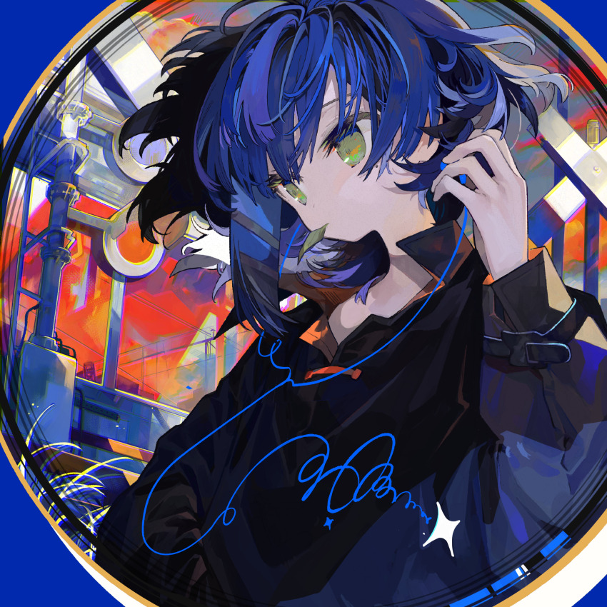 1girl, black_shirt, blue_border, blue_hair, bocchi_the_rock!, border, bracelet, cable