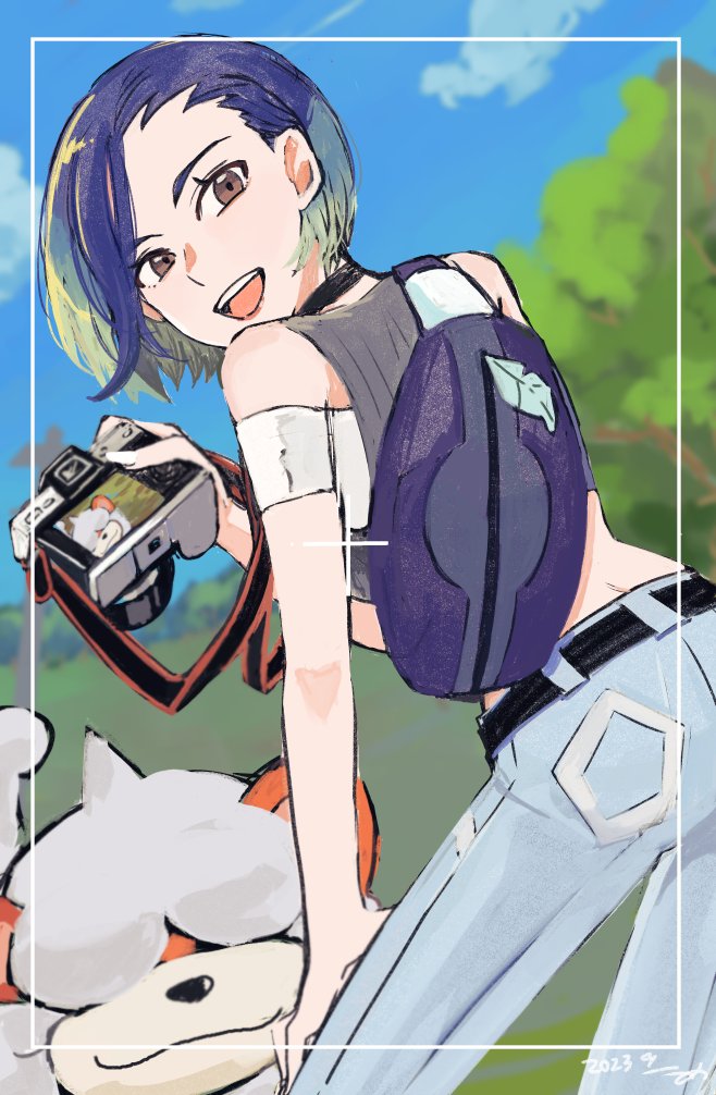 1girl, bare_shoulders, black_choker, black_sports_bra, blue_hair, bob_cut, brown_eyes, camera, choker, covered_eyes, crop_top, denim, dog, grey_shirt, grey_sports_bra, hisuian_growlithe, holding, holding_camera, horns, jeans, loose_hair_strand, medium_hair, midriff, nintendo, pants, perrin_(pokemon), photographer, pokemon, pokemon_(creature), pokemon_scarlet_and_violet, ribbed_shirt, shirt, single_horn, sleeveless, sleeveless_shirt, sports_bra, umaruzo, undershirt