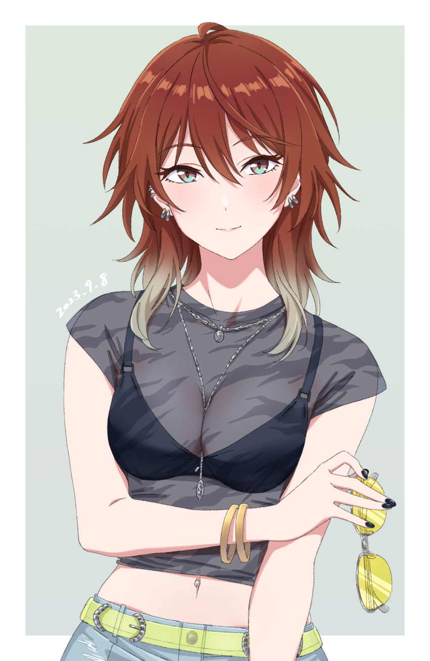 1girl, aketa_mikoto, belt, black_bra, black_shirt, blonde_hair, blue_eyes, bra