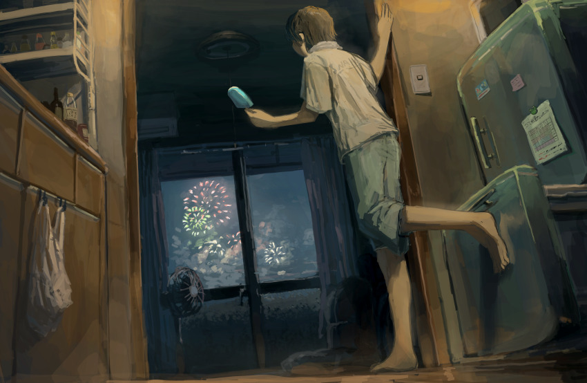 1other, absurdres, after_bathing, androgynous, anko1127, apartment, arm_support, bag, blue_pants, brown_hair, closing, commentary_request, curtains, dutch_angle, electric_fan, facing_away, fireworks, food, from_behind, from_below, glass_door, hand_on_wall, highres, holding, holding_food, holding_popsicle, indoors, kitchen, night, original, pants, plastic_bag, popsicle, refrigerator, scenery, shirt, short_hair, short_sleeves, slice_of_life, standing, standing_on_one_leg, summer, t-shirt, towel, towel_around_neck, white_shirt, zaisu