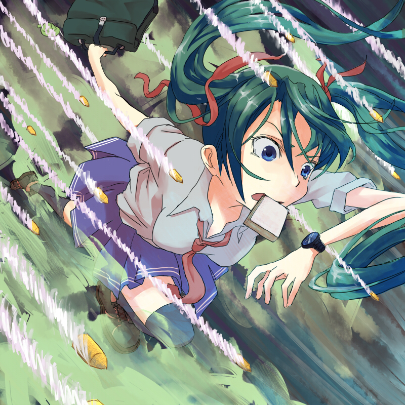 1girl, bag, blue_eyes, bread, bread_slice, bullet, bullet_time, female_focus