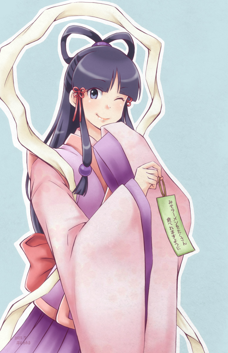 1girl, ace_attorney, alternate_hairstyle, black_hair, blue_background, dated, hair_ornament, hair_rings