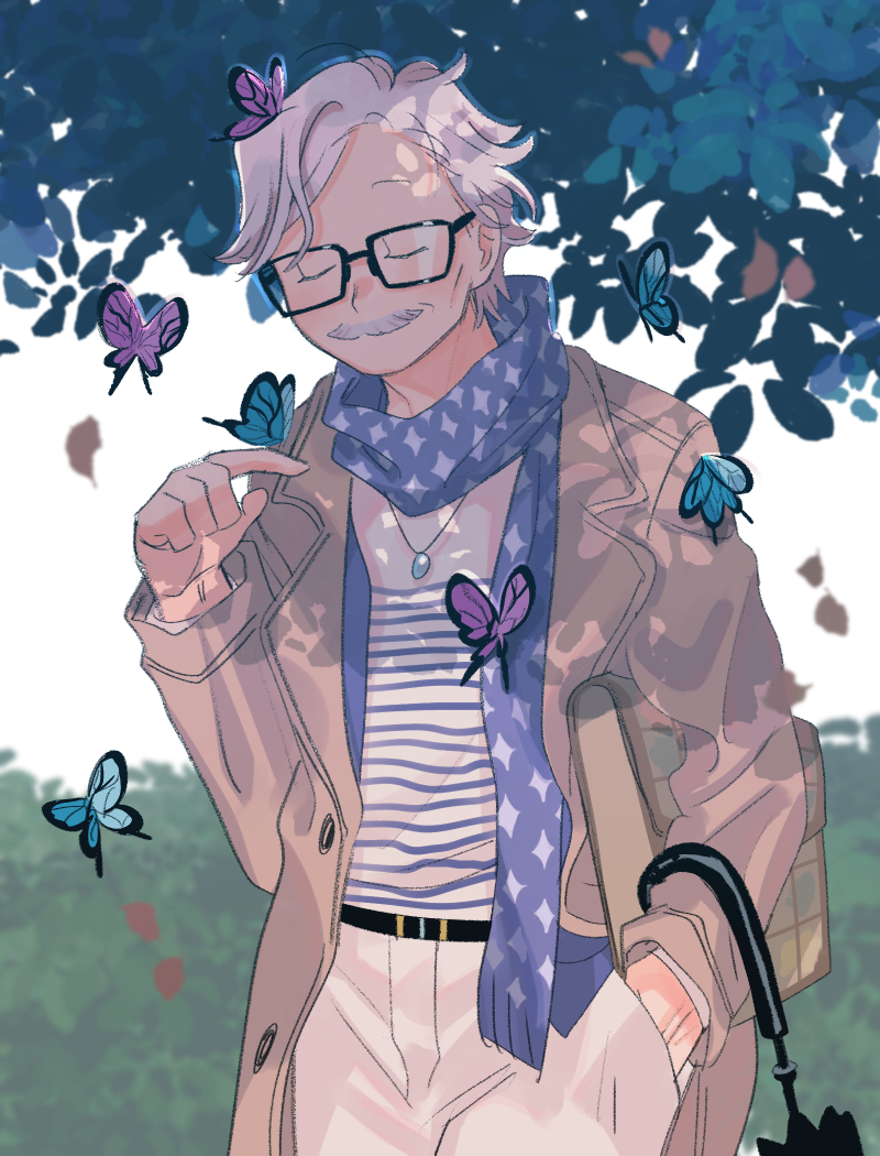 1boy, alternate_costume, belt, black-framed_eyewear, black_belt, black_umbrella, blue_butterfly, blue_scarf