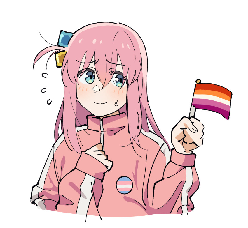 1girl, averting_eyes, blue_eyes, blush, bocchi_the_rock!, closed_mouth, commentary, cropped_torso, cube_hair_ornament, english_commentary, facing_viewer, flag, flying_sweatdrops, gotoh_hitori, hair_between_eyes, hair_ornament, hand_on_own_chest, hands_up, highres, holding, holding_flag, jacket, johan_(deathamaranth), lesbian_flag, lgbt_pride, light_blush, long_hair, long_sleeves, looking_to_the_side, one_side_up, pink_hair, pink_jacket, portrait, puffy_sleeves, sidelocks, simple_background, smile, solo, sweatdrop, tareme, track_jacket, transgender_flag, upper_body, white_background