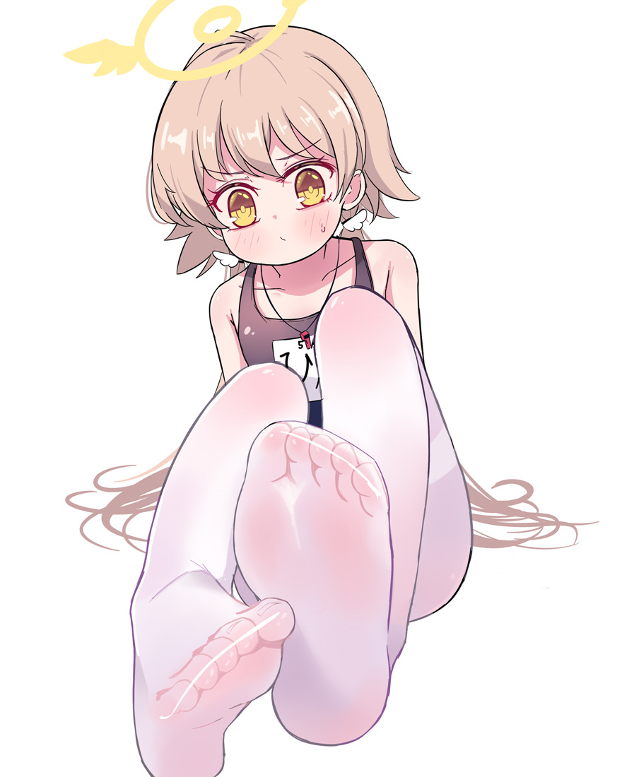 1girl, alternate_costume, blue_archive, brown_hair, cosplay, feet, hair_ornament, halo