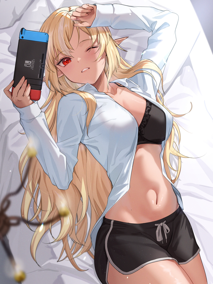 1girl, absurdres, black_bra, black_shorts, blonde_hair, blush, bra, breasts, cleavage, collarbone, dark-skinned_female, dark_elf, dark_skin, elf, highres, hololive, large_breasts, long_hair, long_sleeves, looking_at_viewer, lying, monokawa_(iurl1z), multicolored_hair, navel, nintendo_switch, on_back, one_eye_closed, open_clothes, open_shirt, pointy_ears, red_eyes, shiranui_flare, shirt, shorts, smile, solo, streaked_hair, thighs, underwear, virtual_youtuber, white_hair, white_shirt