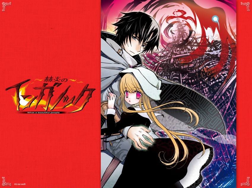 1boy, 1girl, black_hair, blonde_hair, blue_eyes, city, cloak, dress