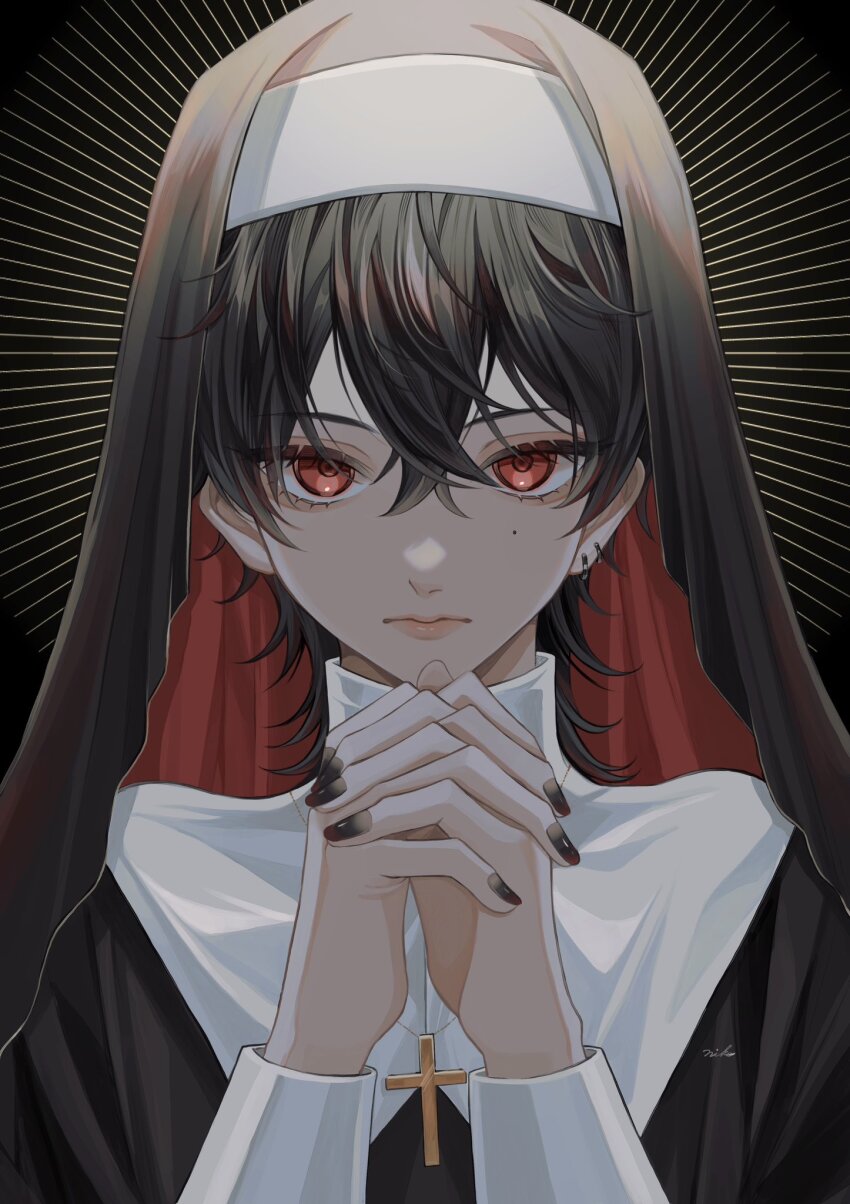 1boy, black_hair, black_nails, closed_mouth, cross, cross_necklace, earrings, expressionless, fingernails, hair_between_eyes, highres, jewelry, long_sleeves, male_focus, mole, mole_under_eye, nail_polish, necklace, nun, original, own_hands_together, portrait, red_eyes, short_hair, signature, simple_background, solo, sosaku_25