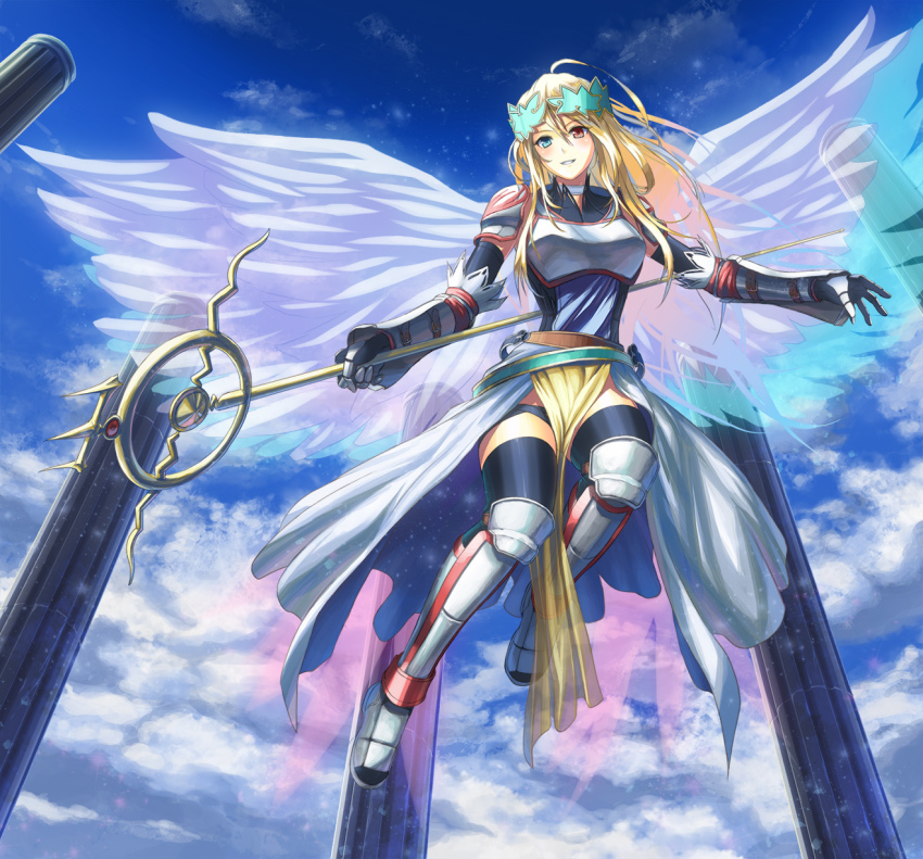 1girl, armor, armored_dress, blonde_hair, boots, cloud, cuboon, day, dress, female_focus, flying, gauntlets, gloves, heterochromia, highres, long_hair, pillar, ragnarok_online, sky, smile, solo, staff, thighhighs, valkyrie, valkyrie_(ragnarok_online), wings