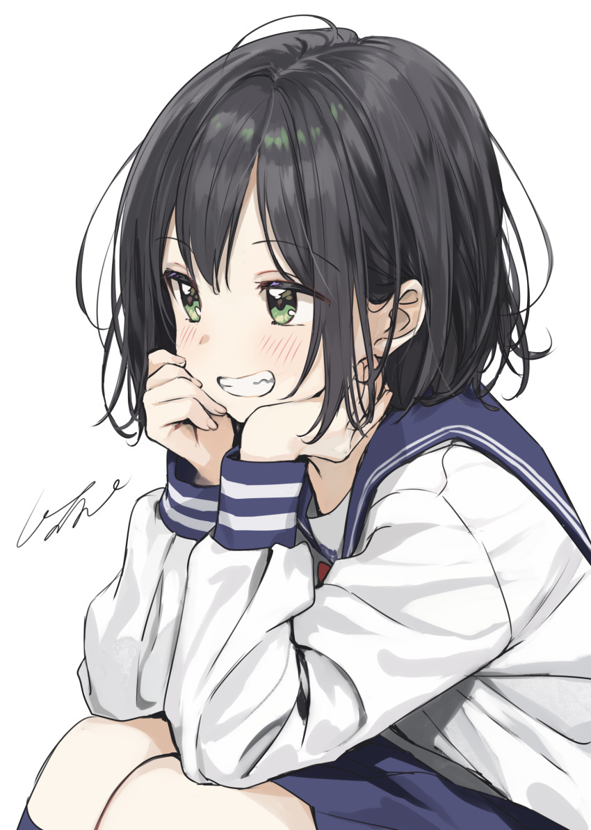 1girl, absurdres, aoi_saki_(senpai_wa_otokonoko), black_hair, blue_sailor_collar, blue_skirt, blush, green_eyes