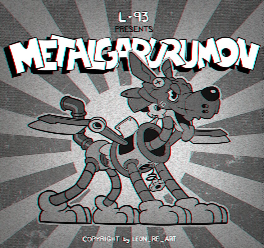 1930s_(style), artist_name, cartoonized, character_name, digimon, digimon_(creature), from_side, highres, leon_re_art, metalgarurumon, no_humans, non-humanoid_robot, robot, robot_animal, standing, tail, tongue, tongue_out, toon_(style)