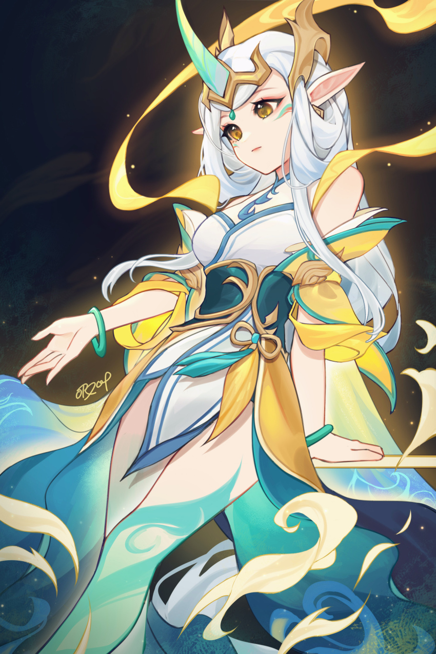 1girl, absurdres, arm_support, bare_shoulders, black_background, bracelet, breasts, brown_background