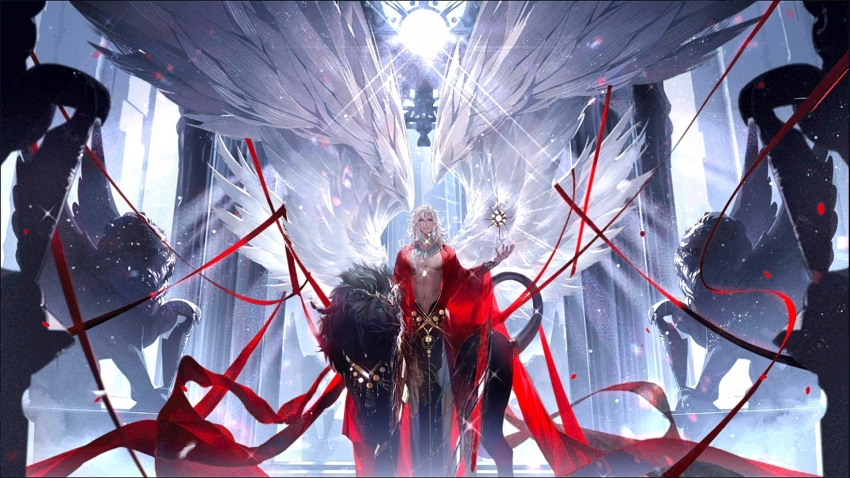 1boy, angel_wings, belt, black_robe, blue_gem, dark-skinned_male, dark_skin, earrings