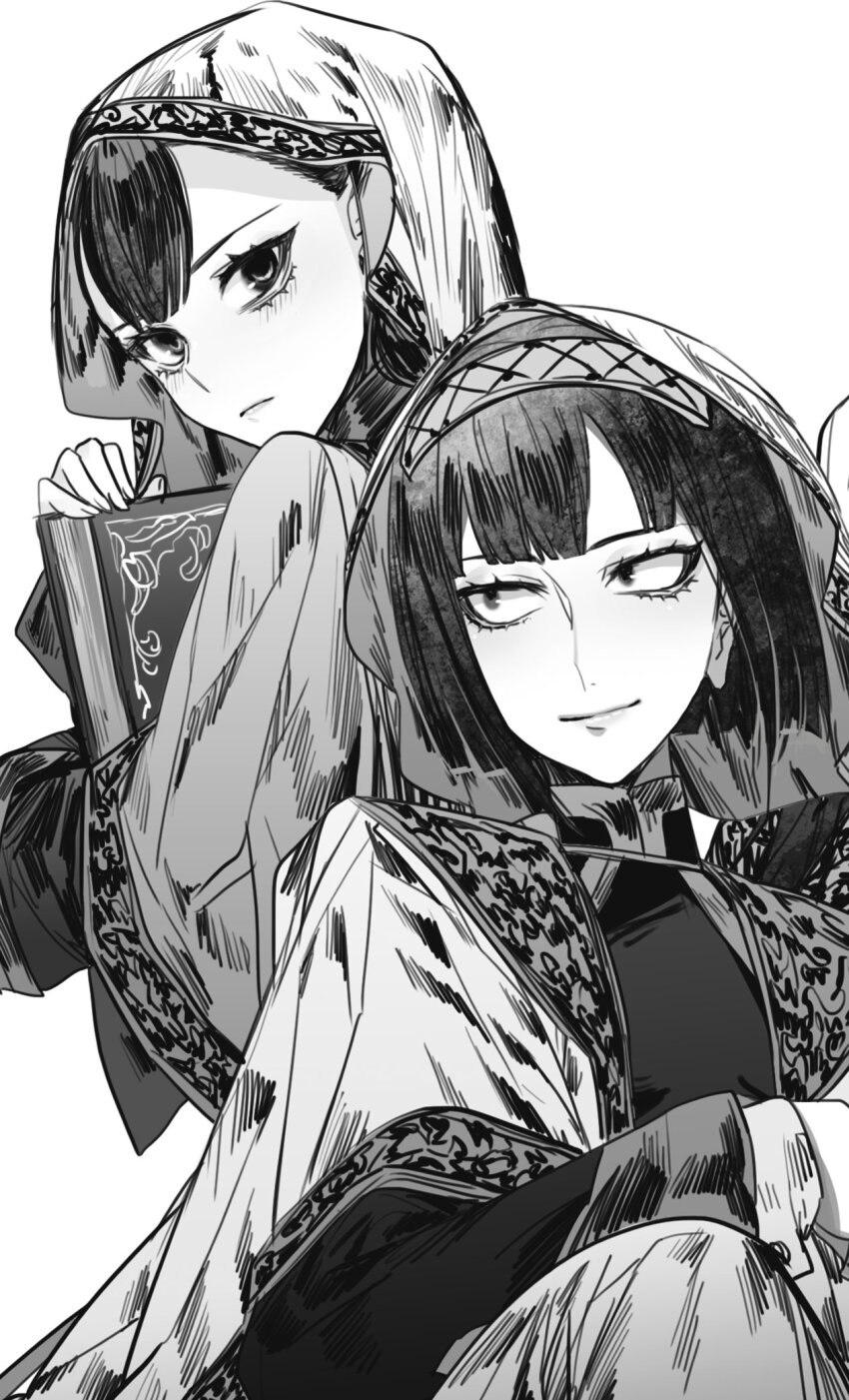 2girls, aya_guunjoh, book, commentary_request, eyelashes, greyscale, happy, headdress, highres, holding, holding_book, kafna_uniform, kana_midoreen, looking_at_another, looking_at_viewer, monochrome, multiple_girls, short_hair, simple_background, smile, toshokan_no_daimajutsushi, white_background, yakusuke