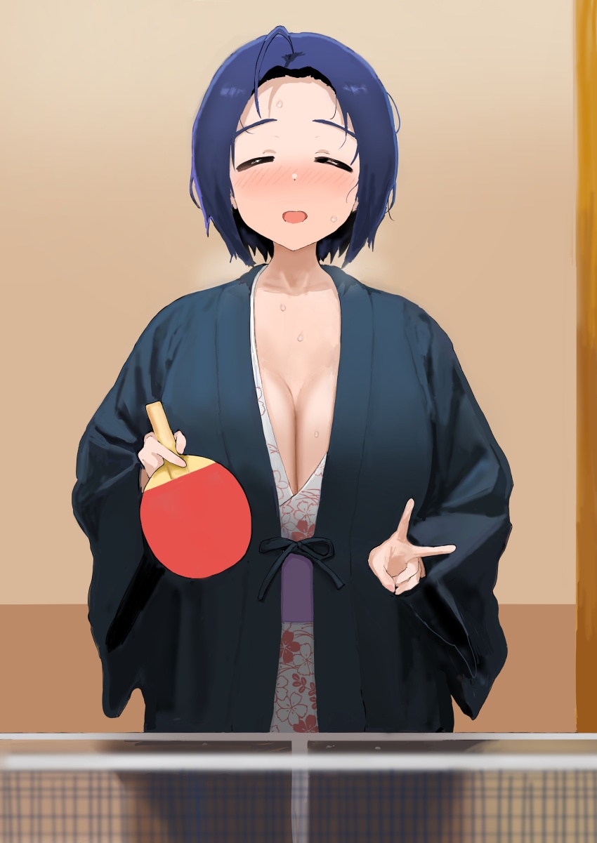 1girl, ^_^, absurdres, ahoge, alternate_costume, bath_yukata, blue_hair, blush, breasts, cleavage, closed_eyes, collarbone, dark_blue_hair, facing_viewer, forehead, highres, hitodama_(madatohi), idolmaster, idolmaster_(classic), idolmaster_million_live!, indoors, japanese_clothes, kimono, large_breasts, miura_azusa, paddle, short_hair, smile, solo, sweat, table_tennis_net, table_tennis_paddle, v, yukata