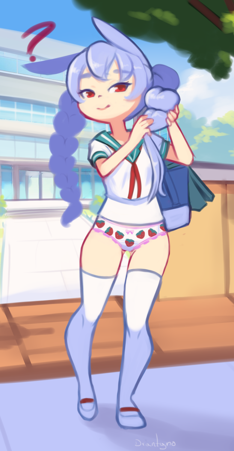 1girl, ?, amy_(ryuhi), bag, blue_hair, bow, bow_panties, braid, braiding_hair, building, cloud, clueless, drantyno, flat_chest, food_print, fruit_print, hairdressing, highres, long_hair, looking_at_viewer, neckerchief, original, panties, print_panties, rabbit_ears, rabbit_girl, red_eyes, red_neckerchief, school, school_bag, school_uniform, shirt, shoes, short_sleeves, sky, smile, standing, strawberry_panties, strawberry_print, thighhighs, tree, twin_braids, underwear, white_panties, white_shirt, white_shoes, white_thighhighs