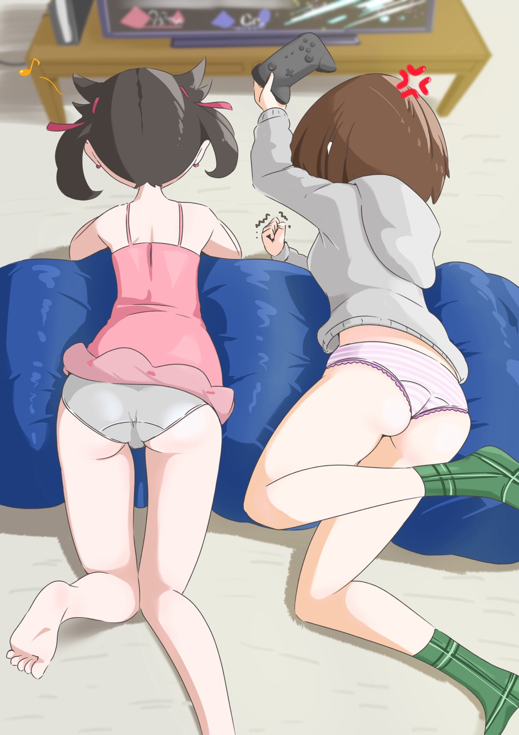 2girls, anger_vein, ass, barefoot, black_hair, brown_hair, clenched_hand, clothes_lift