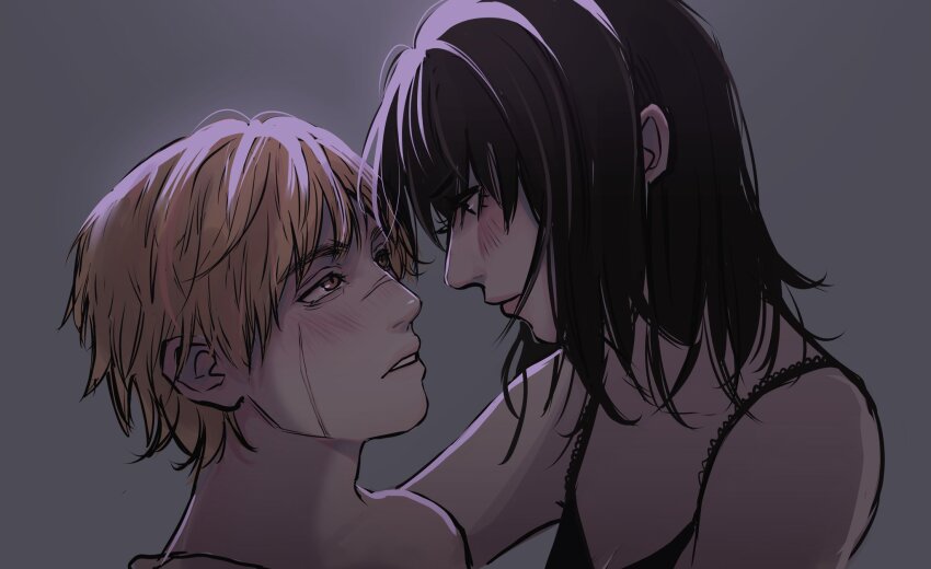 1boy, 1girl, blonde_hair, blush, bra, closed_mouth, eyebrows, eyebrows_hidden_by_hair, eyelashes, face-to-face, facial_scar, gudrid, hetero, highres, hilitrivia, lace, lace_trim, looking_at_another, multiple_scars, parted_lips, scar, scar_on_cheek, scar_on_face, scar_on_nose, short_hair, simple_background, teeth, thorfinn, underwear, vinland_saga