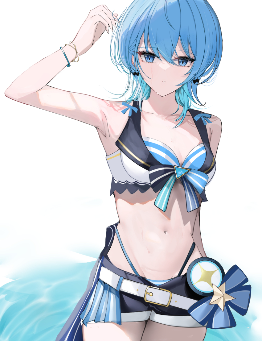 1girl, absurdres, arm_up, belt, bikini, bikini_shorts, blue_bikini, blue_eyes