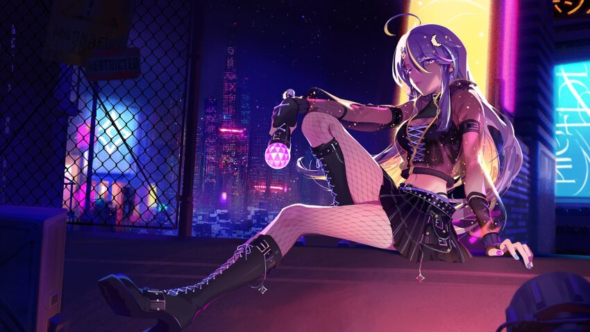 1girl, 3four, ahoge, arm_on_knee, black_boots, black_skirt, black_tube_top, boots