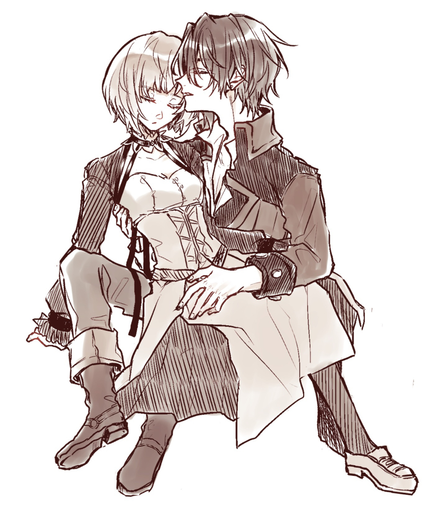 1boy, 1girl, adolphe_(shuuen_no_virche), aiaiharuharu, boots, ceres_(shuuen_no_virche), closed_eyes, closed_mouth