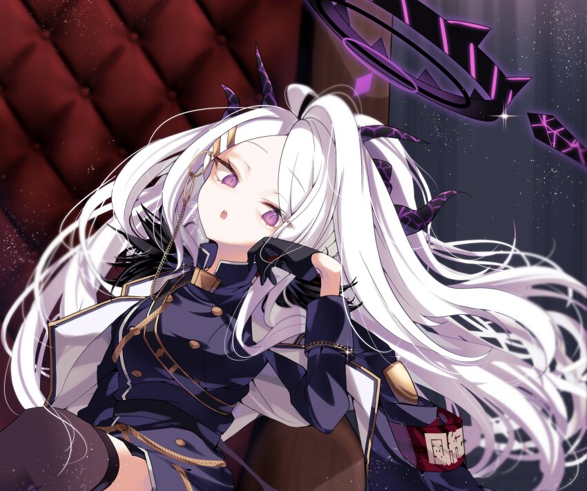 1girl, ahoge, arm_support, armchair, belt, black_coat, black_gloves, black_skirt, black_thighhighs, blue_archive, blurry, chair, coat, coat_on_shoulders, commentary_request, demon_girl, demon_horns, demon_wings, depth_of_field, forehead, fur-trimmed_coat, fur_trim, gloves, hair_ornament, hairclip, halo, head_rest, head_tilt, highres, hina_(blue_archive), horns, indoors, leaning_on_object, long_hair, long_sleeves, looking_at_viewer, military_uniform, open_clothes, open_coat, parted_bangs, parted_lips, pencil_skirt, ponytail, purple_eyes, sam_browne_belt, side_slit, sidelocks, siki_mhr, skirt, solo, thighhighs, wavy_hair, white_hair, wings, zettai_ryouiki