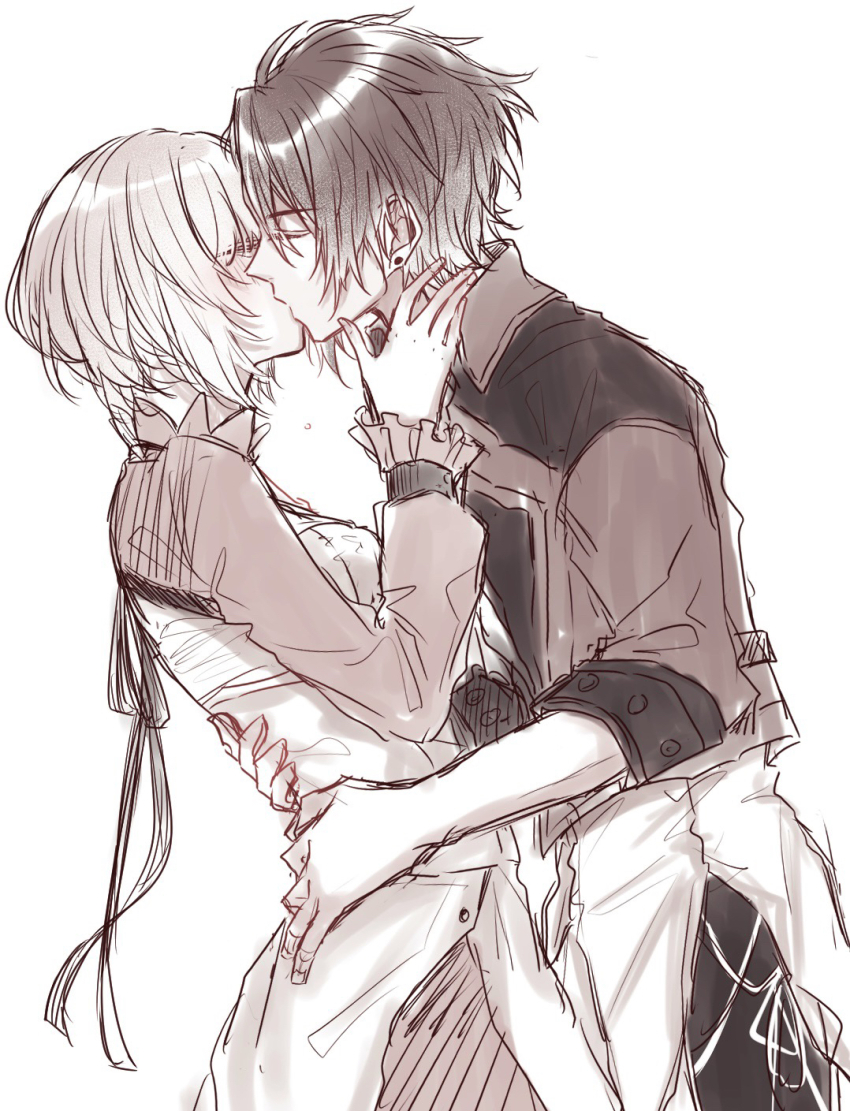 1boy, 1girl, adolphe_(shuuen_no_virche), aiaiharuharu, blush, ceres_(shuuen_no_virche), closed_eyes, collared_shirt