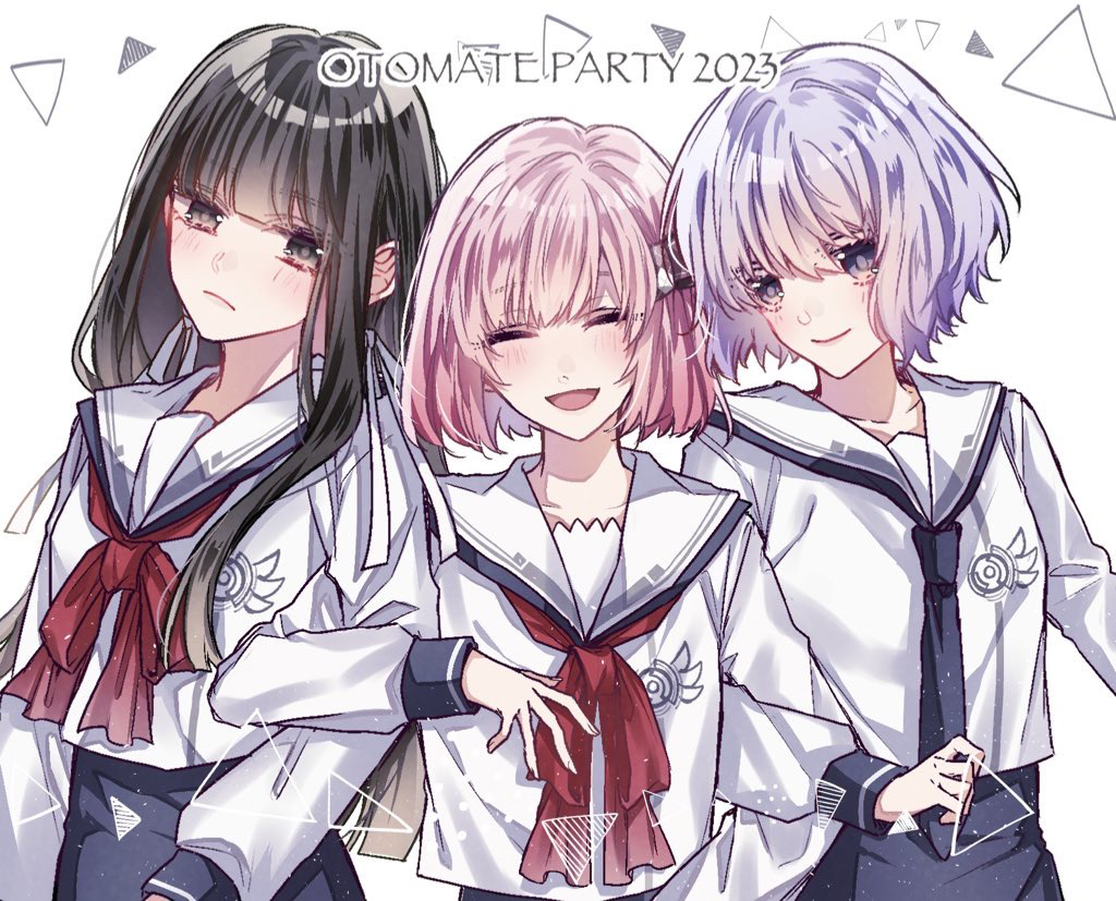 3girls, aiaiharuharu, blue_skirt, blush, brown_eyes, brown_hair, closed_eyes, dress