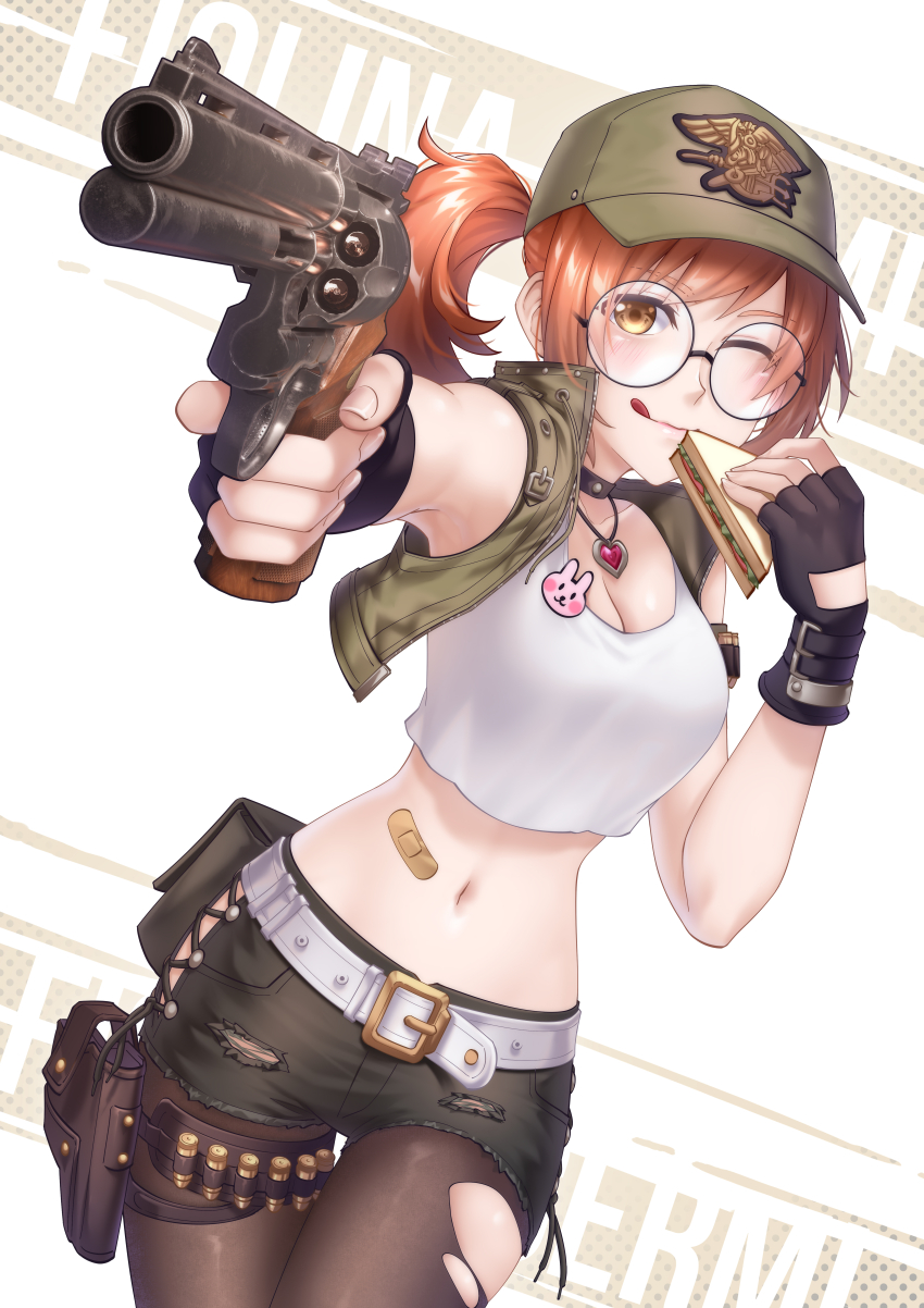 1girl, :q, ;q, absurdres, aiming, aiming_at_viewer, bandaid_on_stomach, belt
