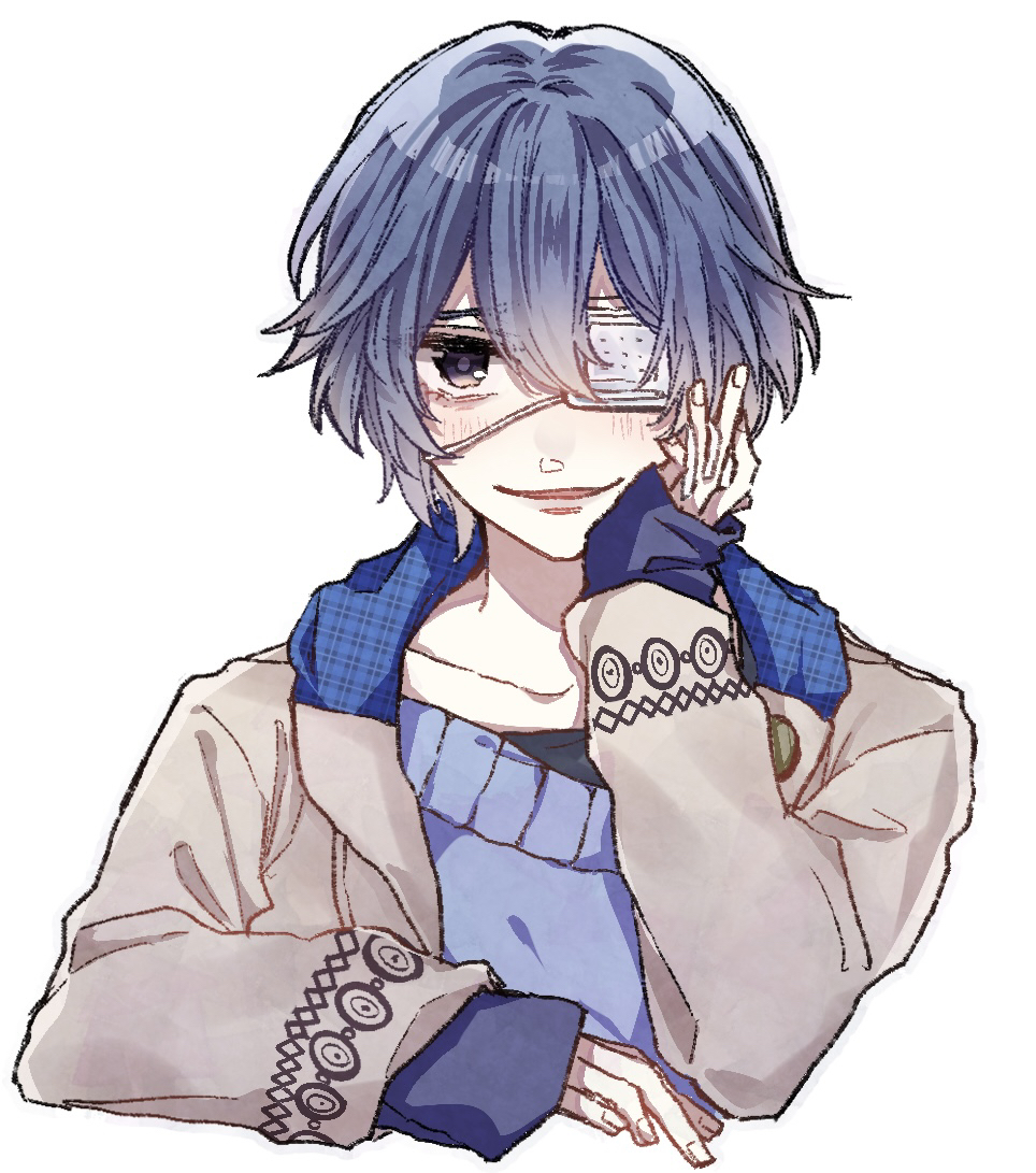 1boy, aiaiharuharu, black_shirt, blue_hair, blue_sweater, blush, brown_eyes, brown_hoodie